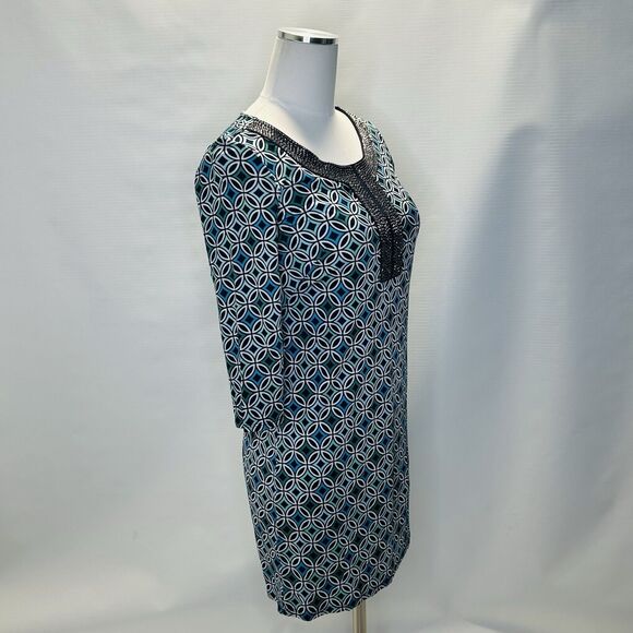 LOFT Blue Geometric Sheath Dress Womens Size 2 Bugle Bead Neckline - Picture 2 of 12